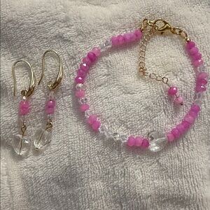 Natural Pink Sapphire Beaded Bracelets with Swarovski Elements and Earrings